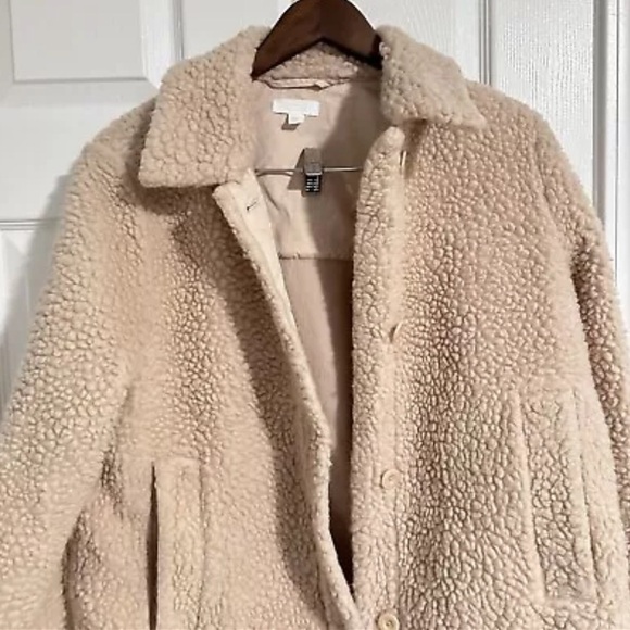 COS Womens Cream Beige Sherpa Teddy Jacket button Down Size 8 Wool Cotton blend - Picture 5 of 12